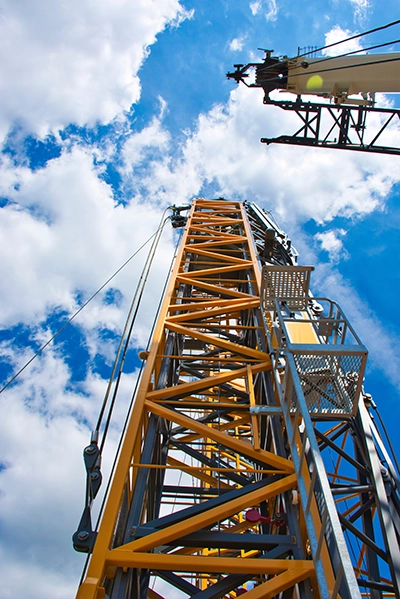 fracking equipment against blue sky. Fracking, Bedrock rock, Mining Waste, Mining Overburden, Waste Rock