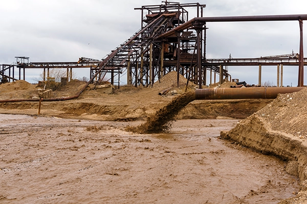 mining waste water being pumped into holding pond. Fracking, Bedrock rock, Mining Waste, Mining Overburden, Waste Rock