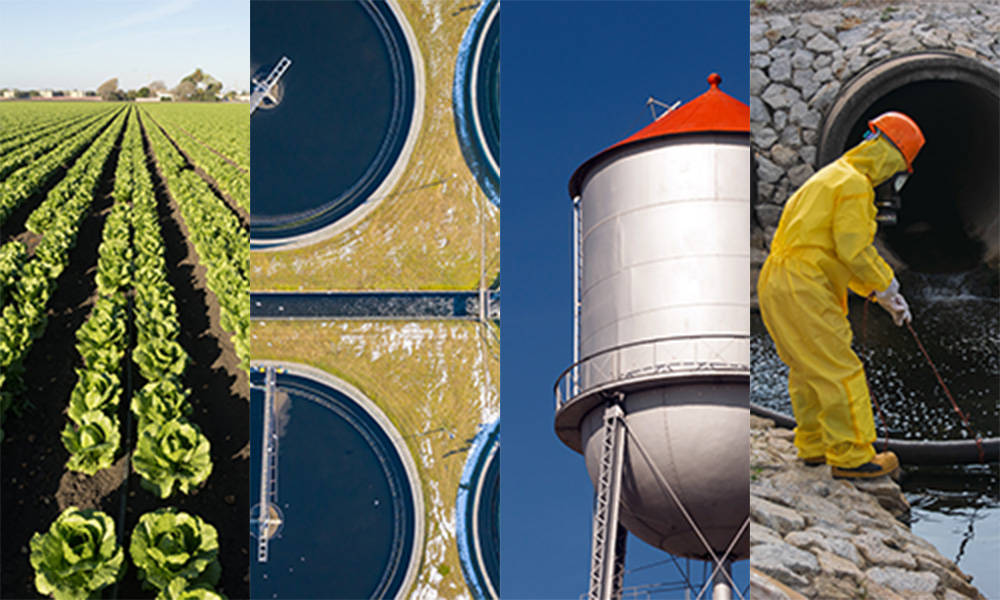 photo collage of field, wastewater plant, water tower and person collecting polluted water sample. Biosolids testing, Biosolids regulations, Biosolids disposal, Land application of biosolids