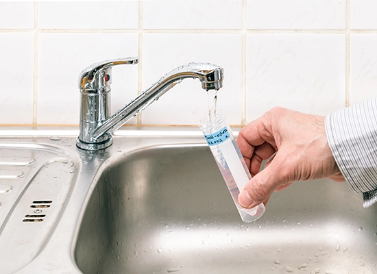 hand holding test tube collecting water sample from kitchen faucet. Lead and Copper in Water, Copper in Water, Lead and Copper Rule, Copper in Drinking Water