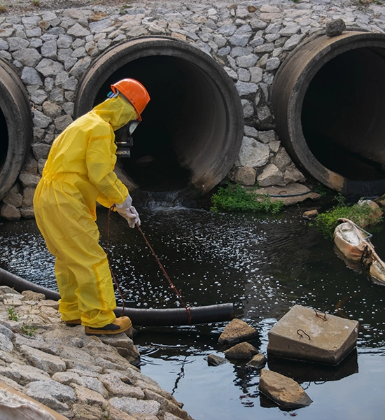 person in hazmat suit collecting water sample for analysis near aqueduct. Groundwater, Groundwater Testing, Groundwater Lab, Groundwater Contaminants, Groundwater Monitoring, Groundwater Analysis