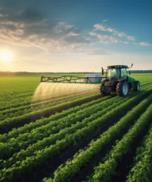 Tractor spraying herbicide on crops at dawn. Herbicides, What is an herbicide? Herbicides and pesticides