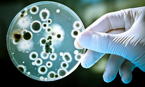 Gloved hand holding petri dish with bacteria culture. Legionella testing, Legionella bacteria, Legionella testing in water, Legionella testing methods