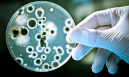 gloved hand holding petri dish with bacteria cultures.