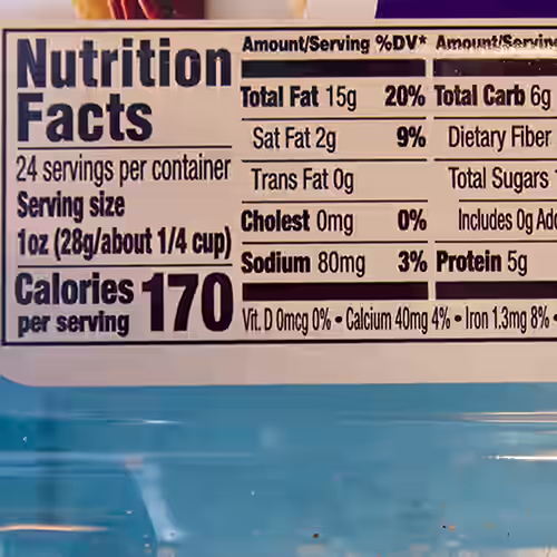 Nutrition Facts label: 24 servings per container; serving size 1 oz (28 g); 170 calories per serving; Fat 15 g (Saturated 2 g, Trans 0 g); Cholesterol 0 mg; Sodium 80 mg; Total Carbohydrates 6 g (Dietary Fiber 1 g; Total Sugars 6 g; Includes 0 g Added Sugars); Protein 5 g.