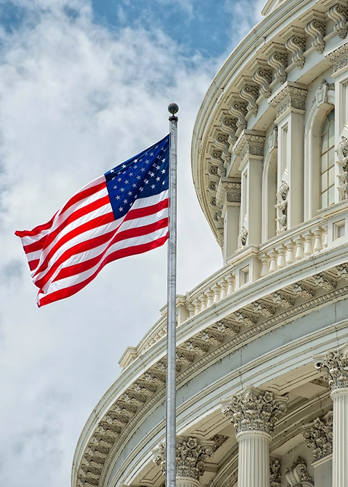 American flag waving beside a white neoclassical government building with ornate columns.