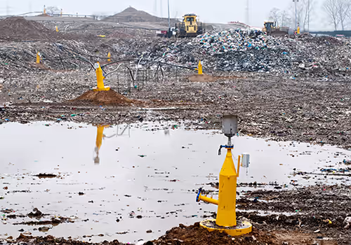 Landfill with accumulating landfill leachate water. PFAS Testing in Landfill Leachate: Preparing for New York’s Proposed Rule