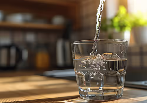 Glass of drinking water on counter in a home.