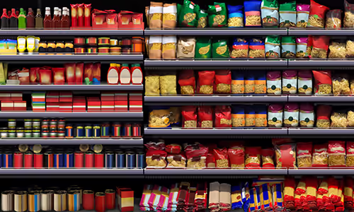 Water Activity vs. Moisture Content: And Why it Matters for Shelf Life. Grocery Store Shelf with packaged food products.